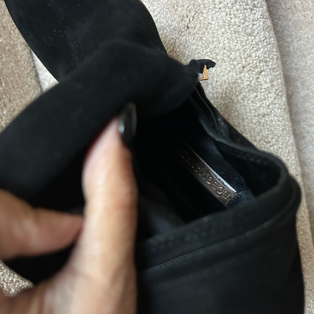 BCBGMaxAzria Elegant Black Suede Heeled Boots Trimmed with Gold Great Preowned - Picture 13 of 14